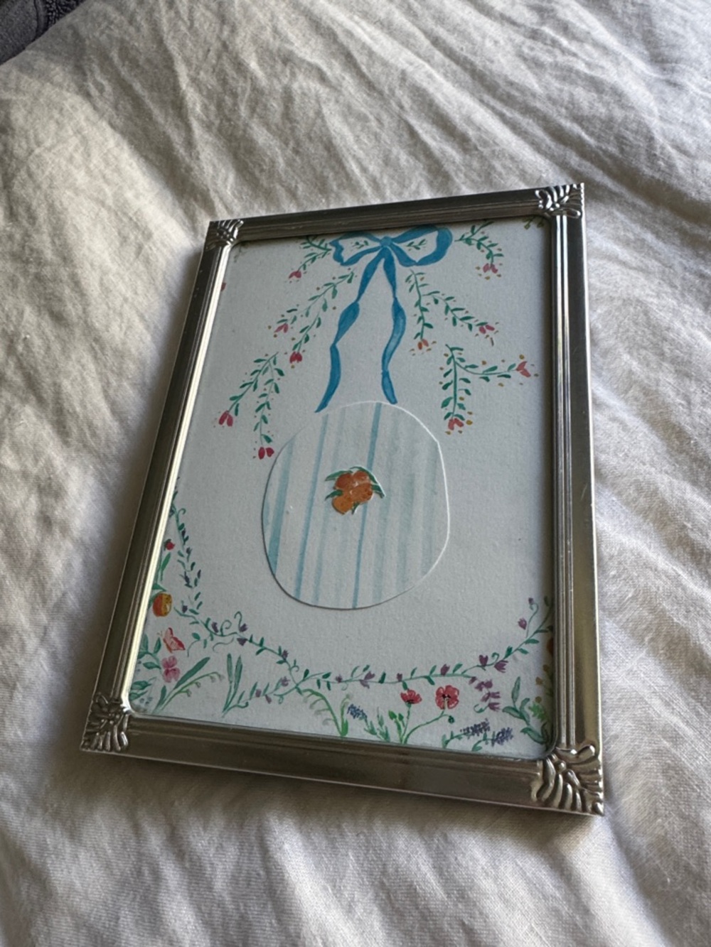 Floral watercolor art in silver frame